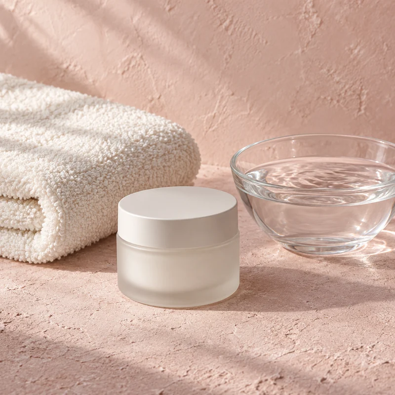Original skincare still-life artwork with unbranded containers and soft textures