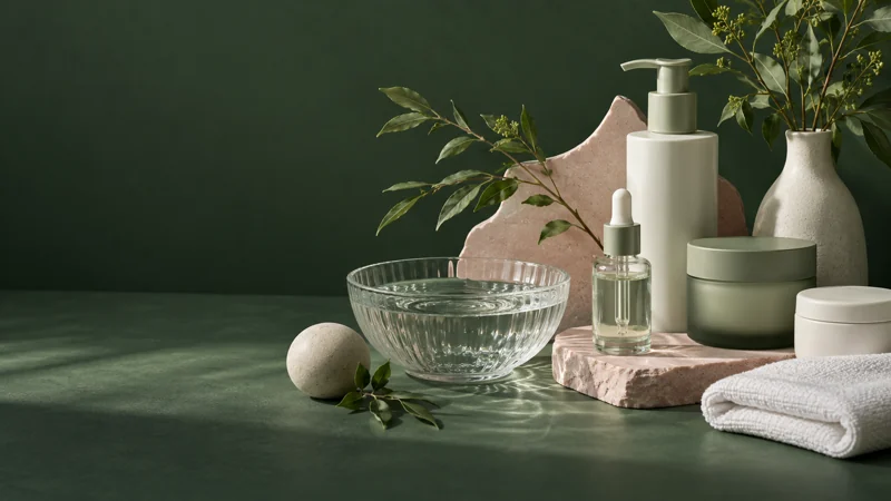 Original still-life artwork of unbranded skincare vessels, soft fabric and water